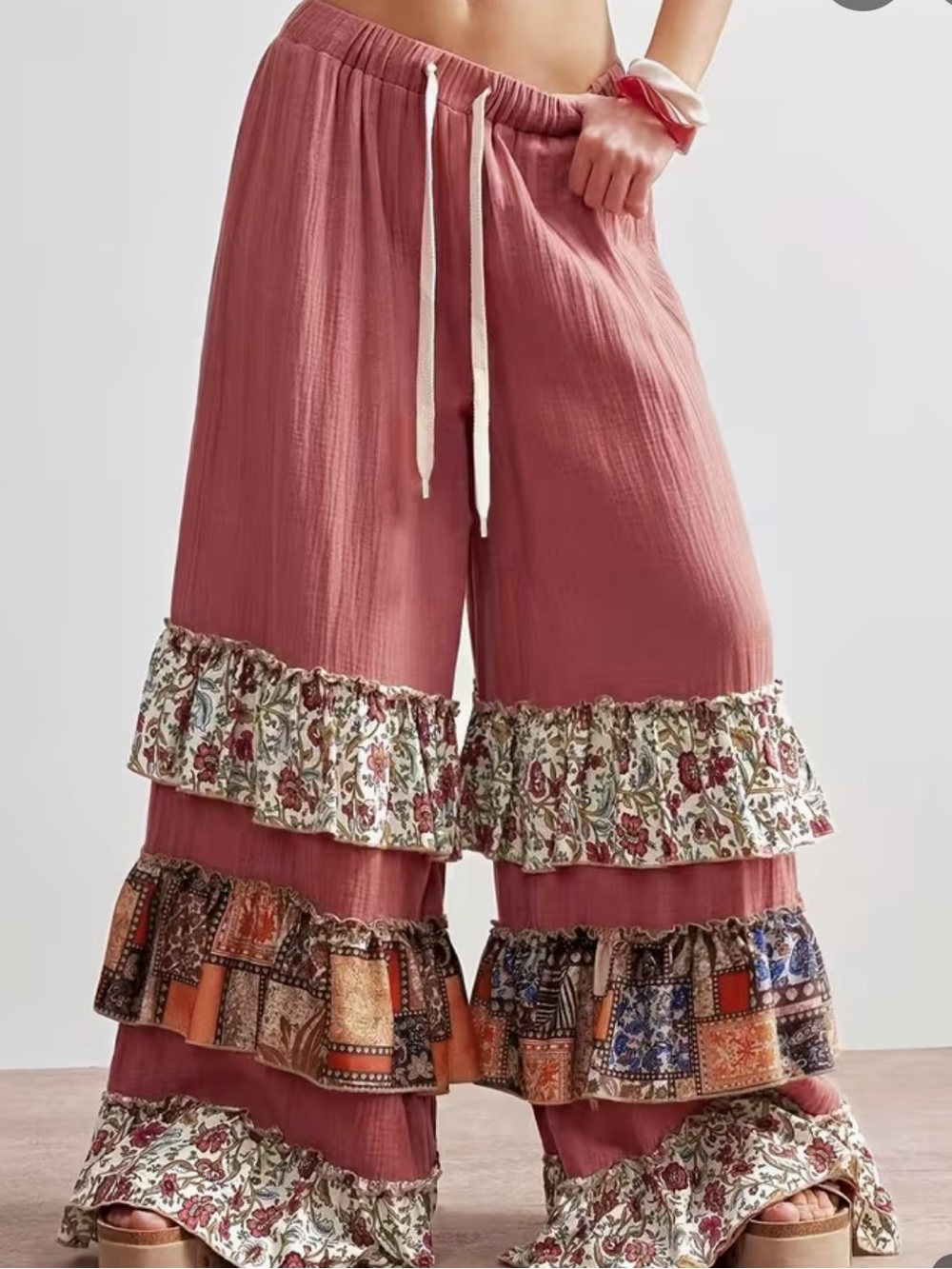Boho Wide-Leg Ruffle Pants in Dusty Rose